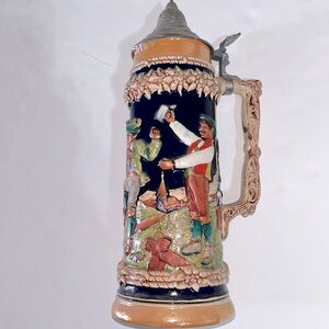 Vintage Handgemalt German beer stein 11” plus 3” pewter lid